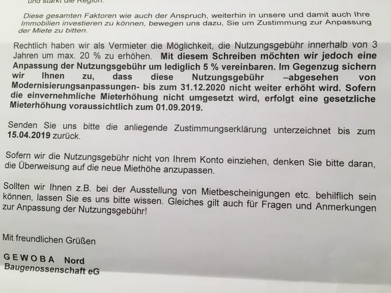 Offener Brief an die GEWOBA Nord zu ihrer Androhung von Mieterhöhungen von 20%